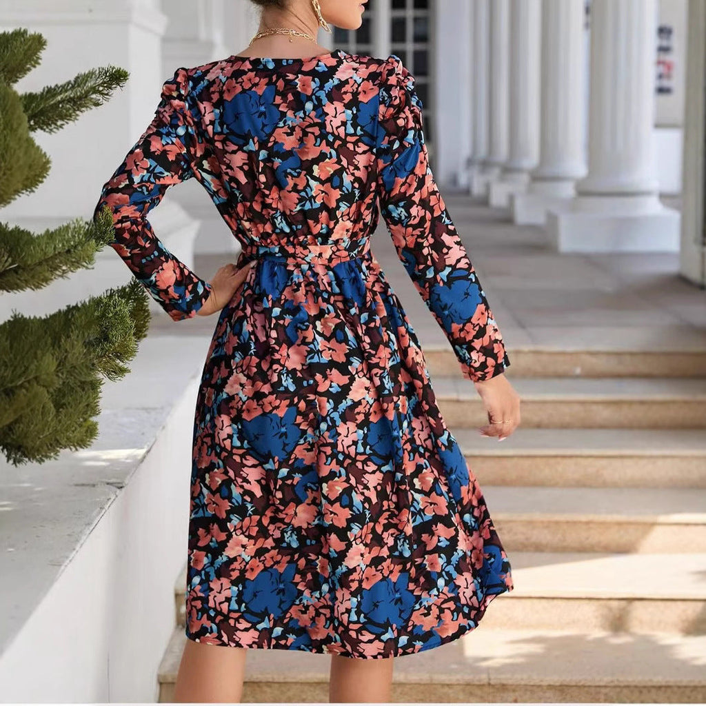 Printed V-Neck Long Sleeve Side-Slit Tie-Front Dress – Wrap-Style Maxi Gown