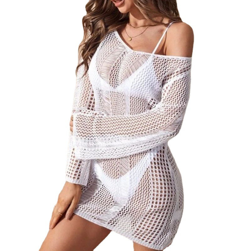 Crochet Hollow-Out Long Sleeve Backless Beach Dress ¨C Sexy Bikini Cover-Up, Knit Vacation Kimono