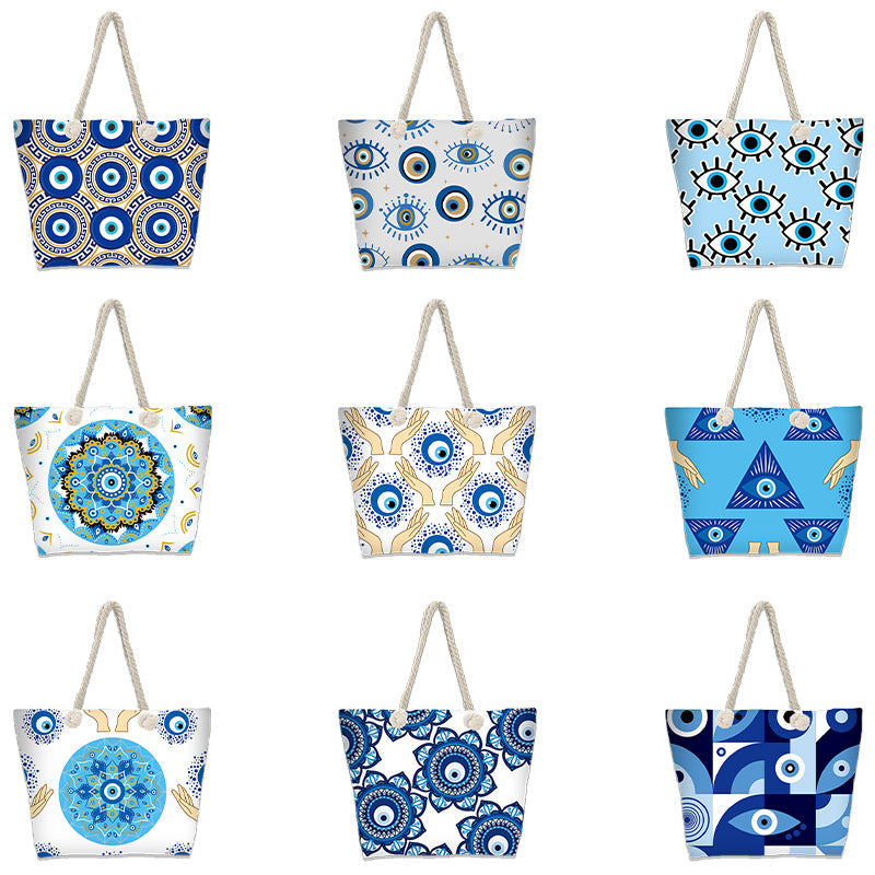 Evil Eye Beach Bag – Portable Travel Handheld Tote, Casual Shoulder Purse, Large Vacation Shopper