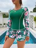 Women's Sun Protection Diving Suit Printed Boxer Long Sleeve Swimsuit UV Protection Swimwear