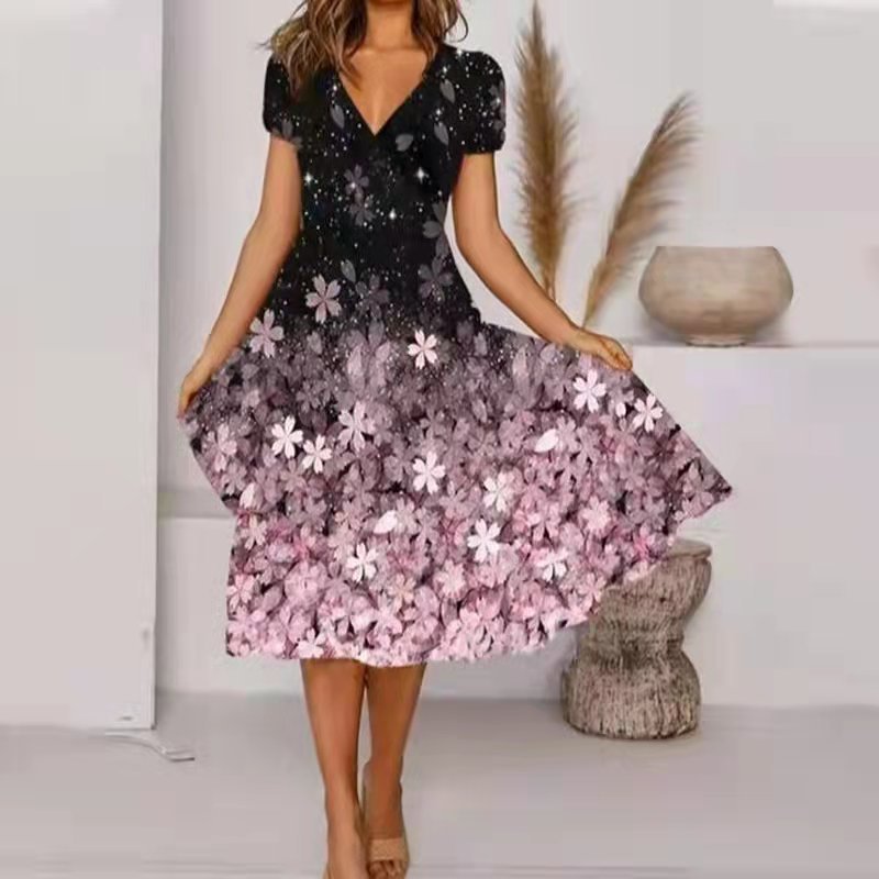 V Neck Bohemian Print Short Sleeve Dress - Flowy Casual Summer Dress with Elastic Waist