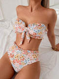 Trendy Floral Print Two Piece Swimsuit Women's Sexy Ruffled Bikini Set