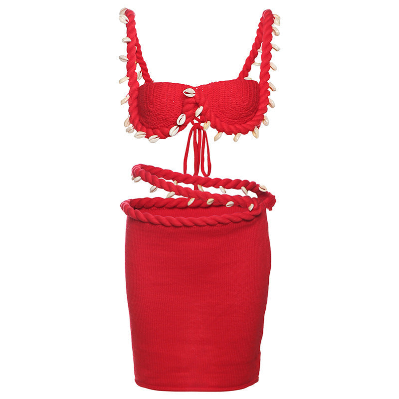 Wind summer fashion creative street sexy babes sleeveless navel knitted skirt set