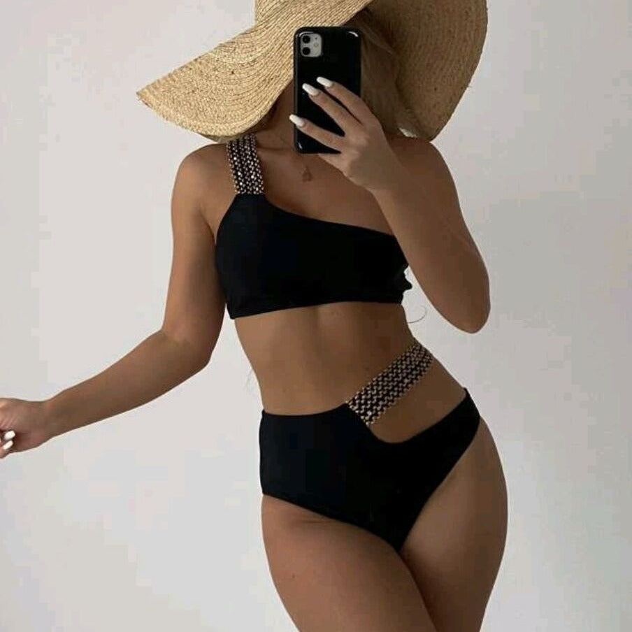 Women's Sexy Solid Color Nylon Two-Piece Swimsuit with Removable Hard Cups Bikini Set