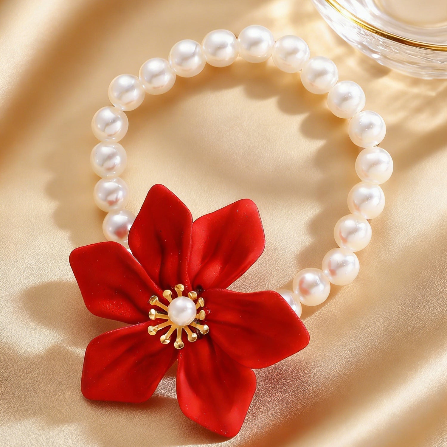Fashion Luxury Faux Pearl Flower Jewelry Set Necklace Bracelet Ring Earrings