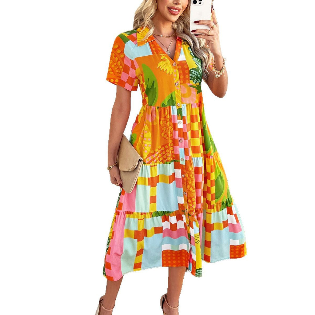 Spring Summer Casual Bohemian Vacation High Waist Geometric Contrast Dress Sub Women's Clothing