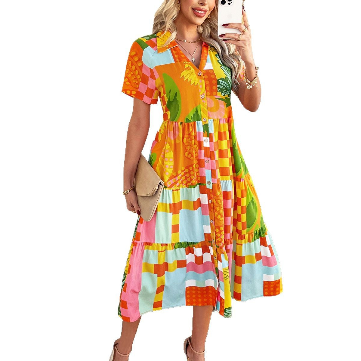 Spring Summer Casual Bohemian Vacation High Waist Geometric Contrast Dress Sub Women's Clothing