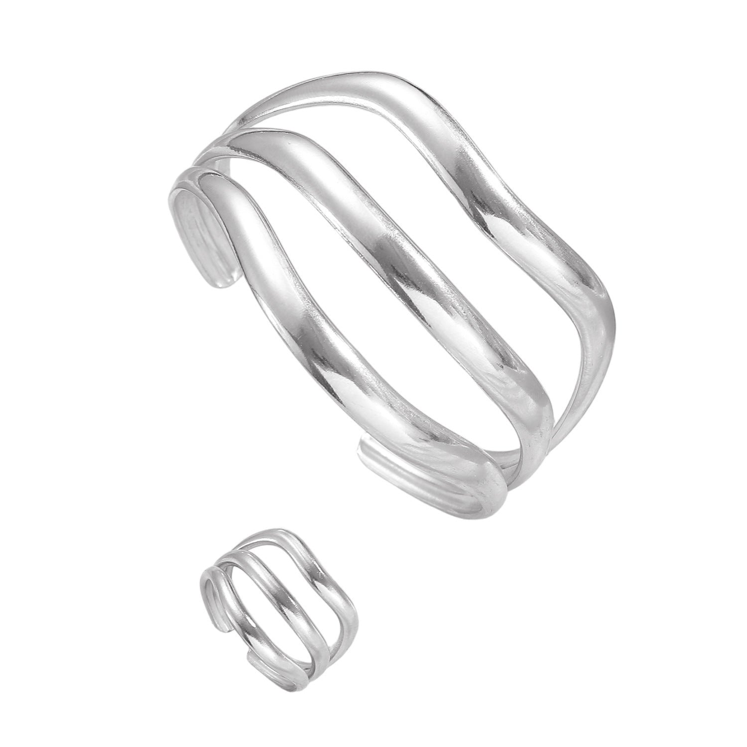 Exaggerated Vintage Stainless Steel Multi-Layer Wavy Ring & Bangle Set Party Banquet