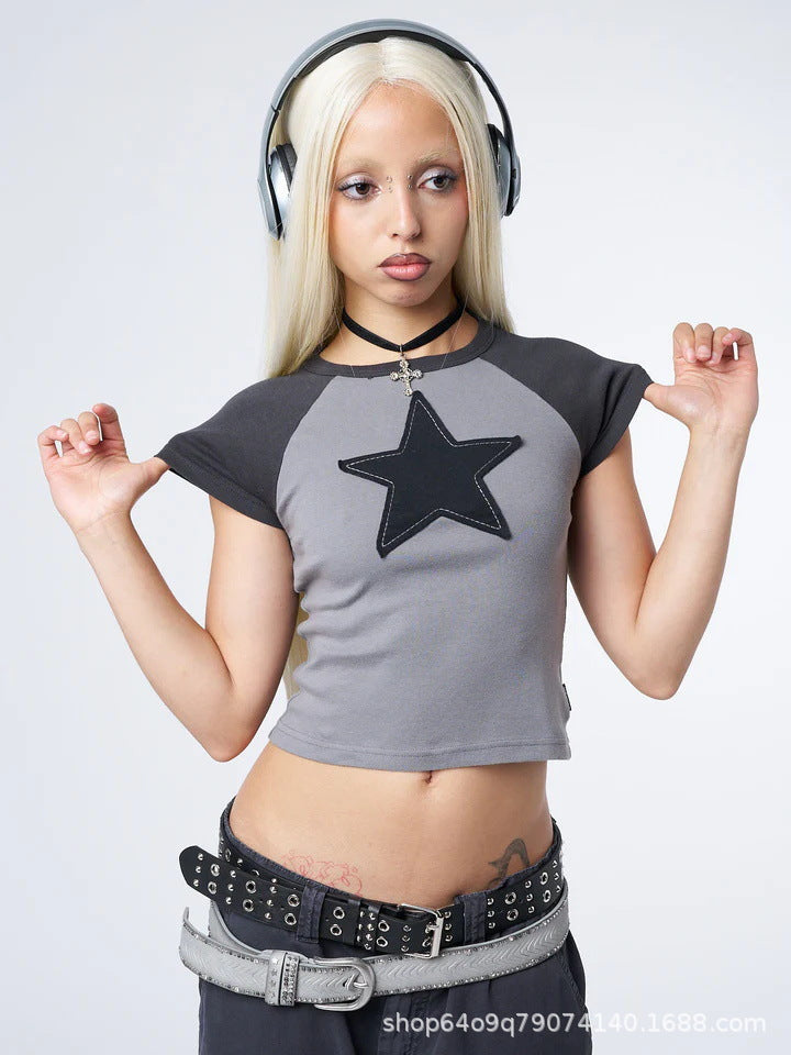 Women's clothing American Y2K five-pointed star embroidery contrasting color ragged shoulder short-sleeved top thin inside and outside T-shirt women