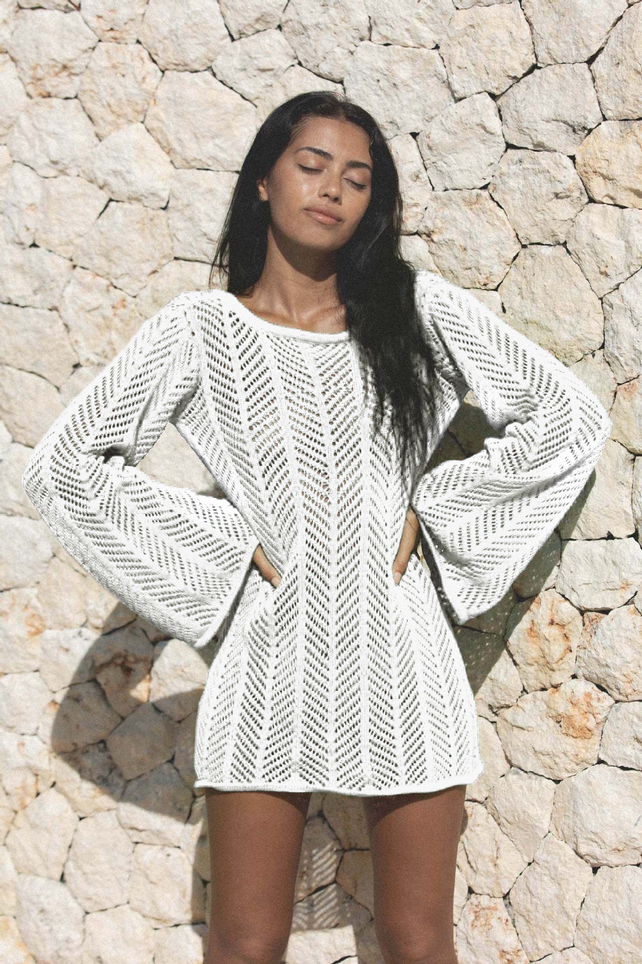 Sexy Knitted Hollow-Out Beach Cover-Up ¨C Long Sleeve Bikini Kimono, Women¡¯s Vacation Outerwear