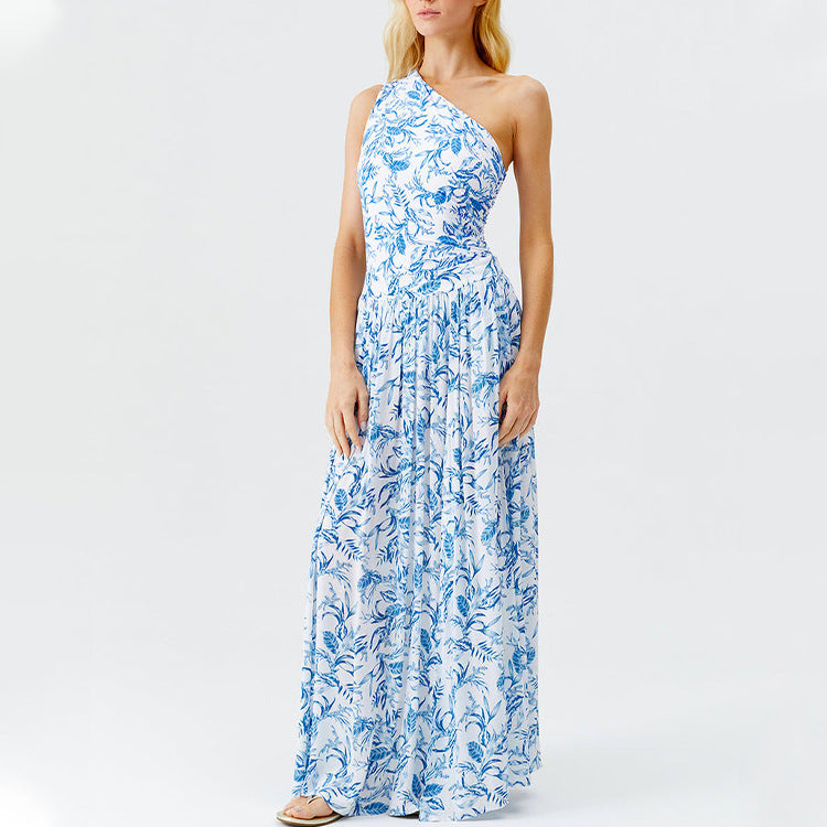 Swimsuit small fresh shoulder blue floral one-piece swimsuit suit women