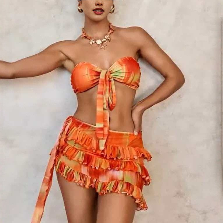 Sexy Printed Bikini Three Piece Swimsuit with and Pleated Skirt for Women Hot Spring Swimwear