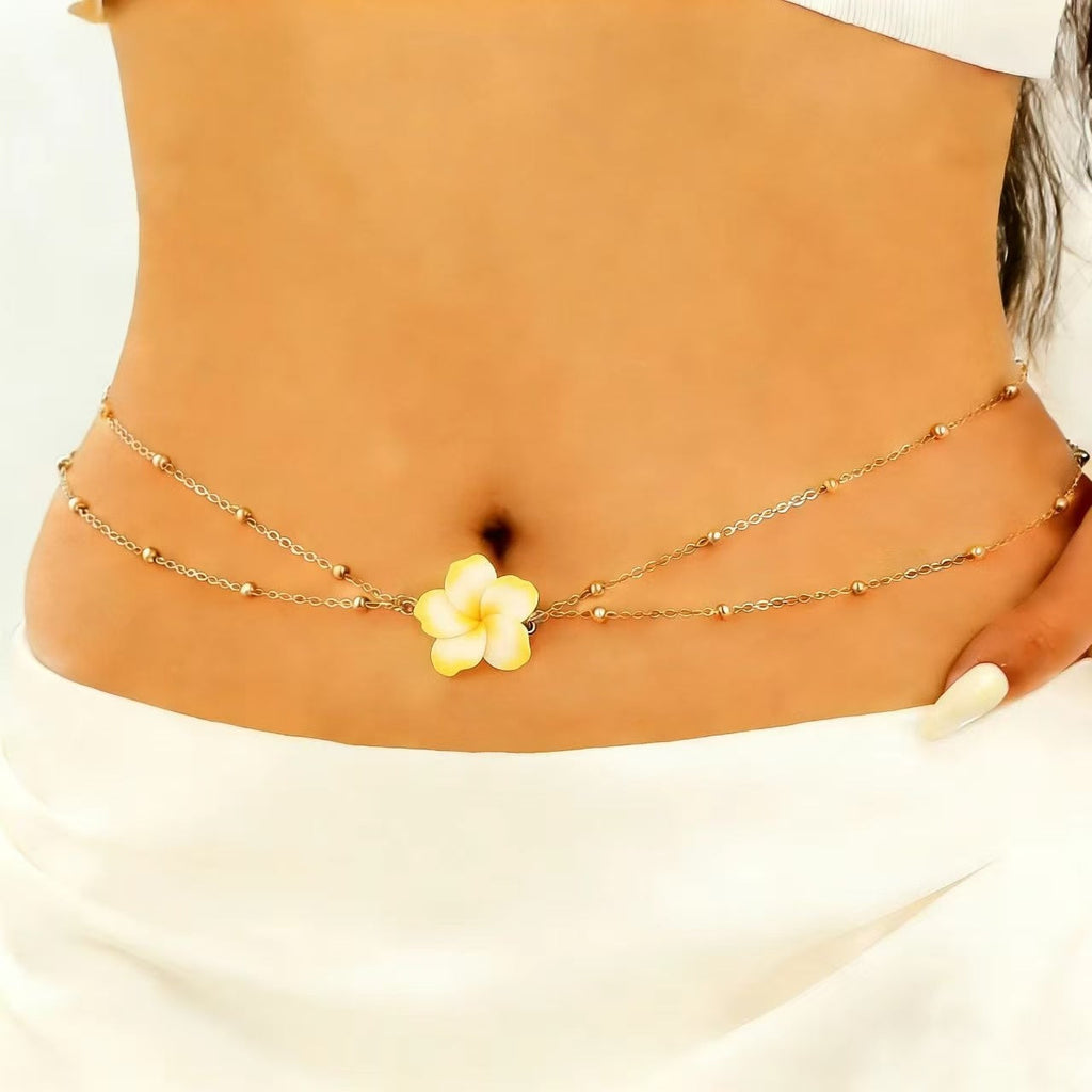 Simple Women's Metal Frangipani Flower Beaded Waist Chain Beach Belly Chain