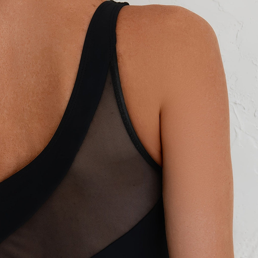 Women's asymmetrical shoulder suspender top translucent mesh swimsuit