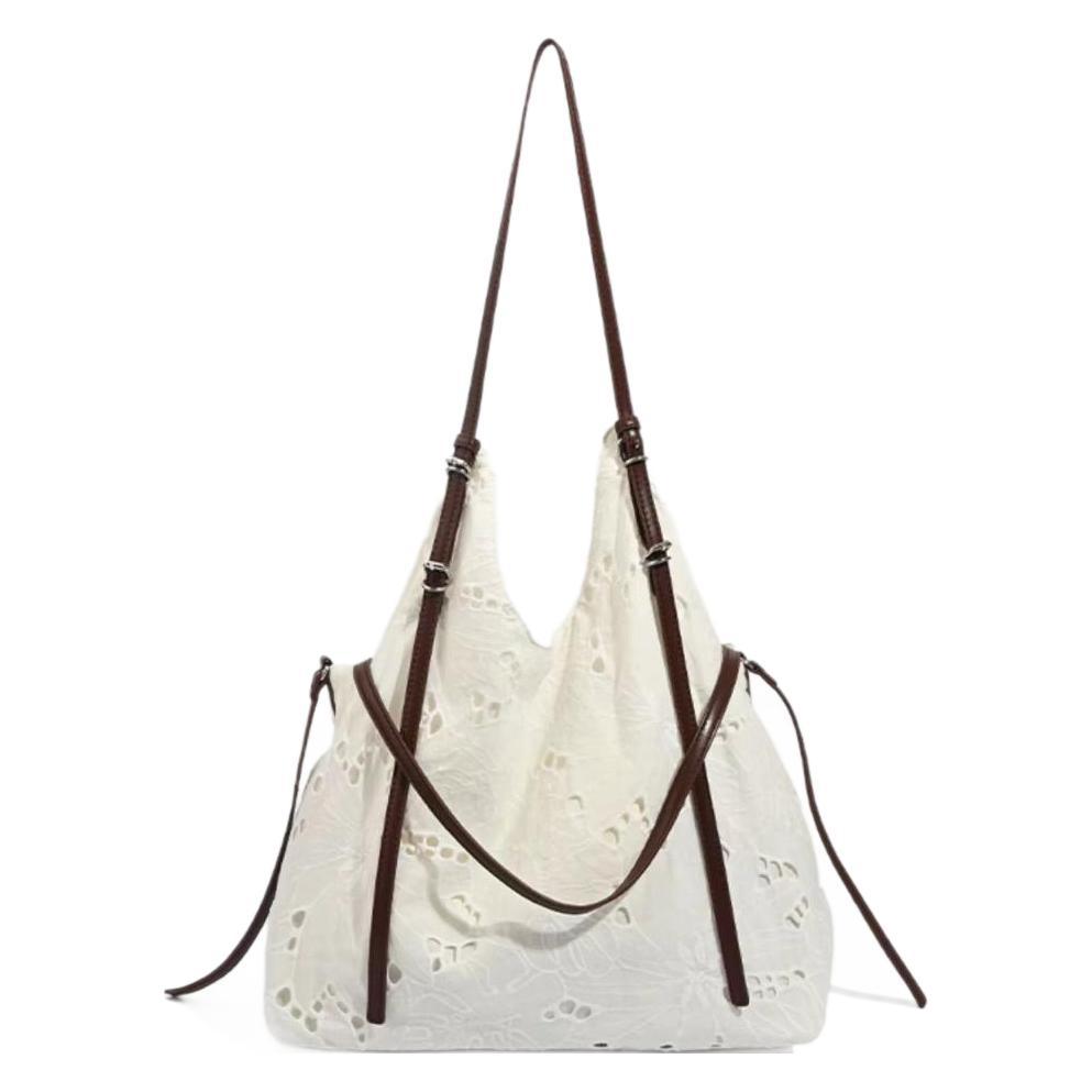 White large capacity hobo purse, embroidered shoulder bag, tote bag, commuter shoulder bag