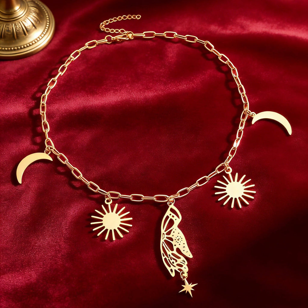 Bohemian Sun Moon Star Wing Tassel Earrings Necklace Bracelet Set