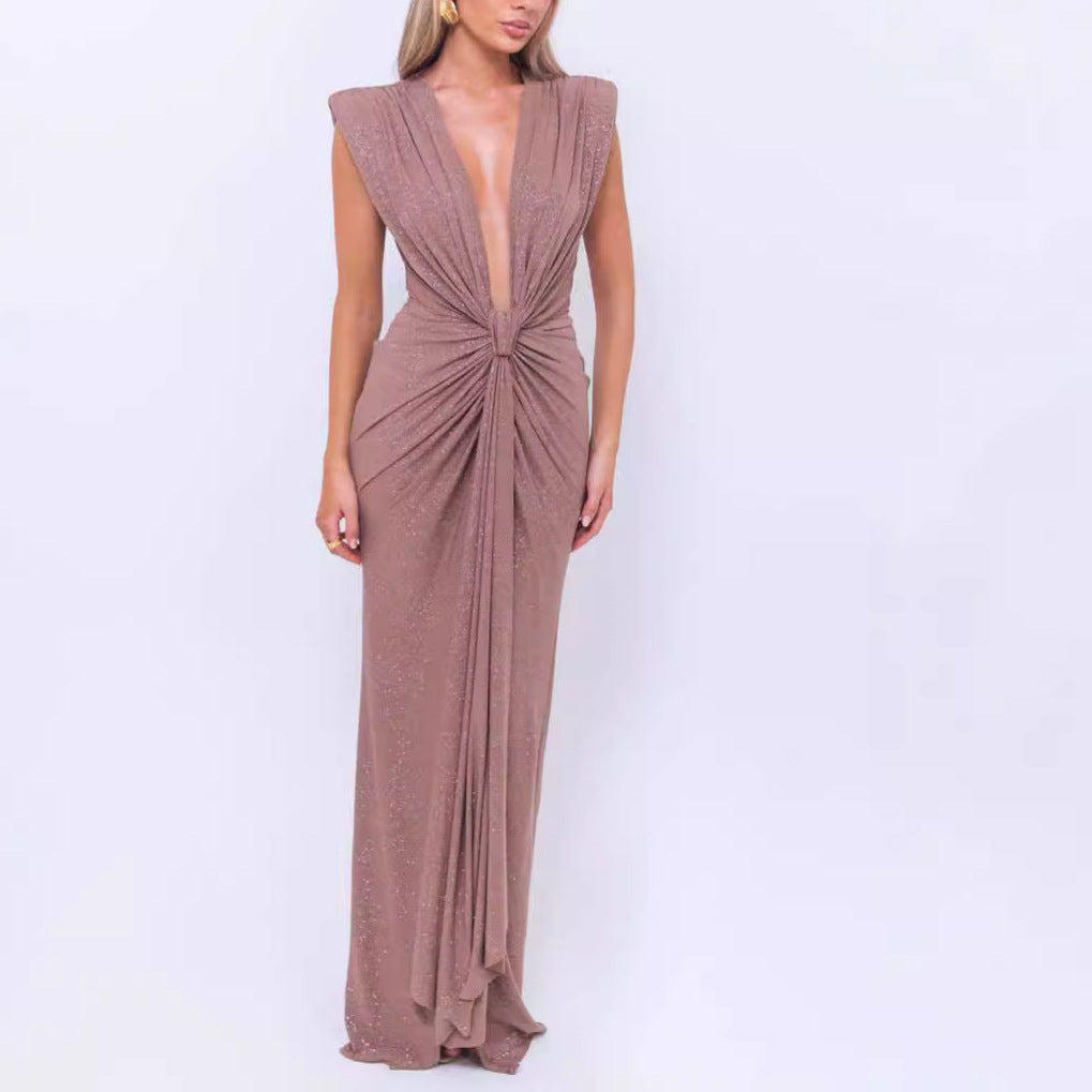 Sexy Women's Sleeveless Super Deep V Slim Waist Pleated Temperament Fishtail Jumpsuit