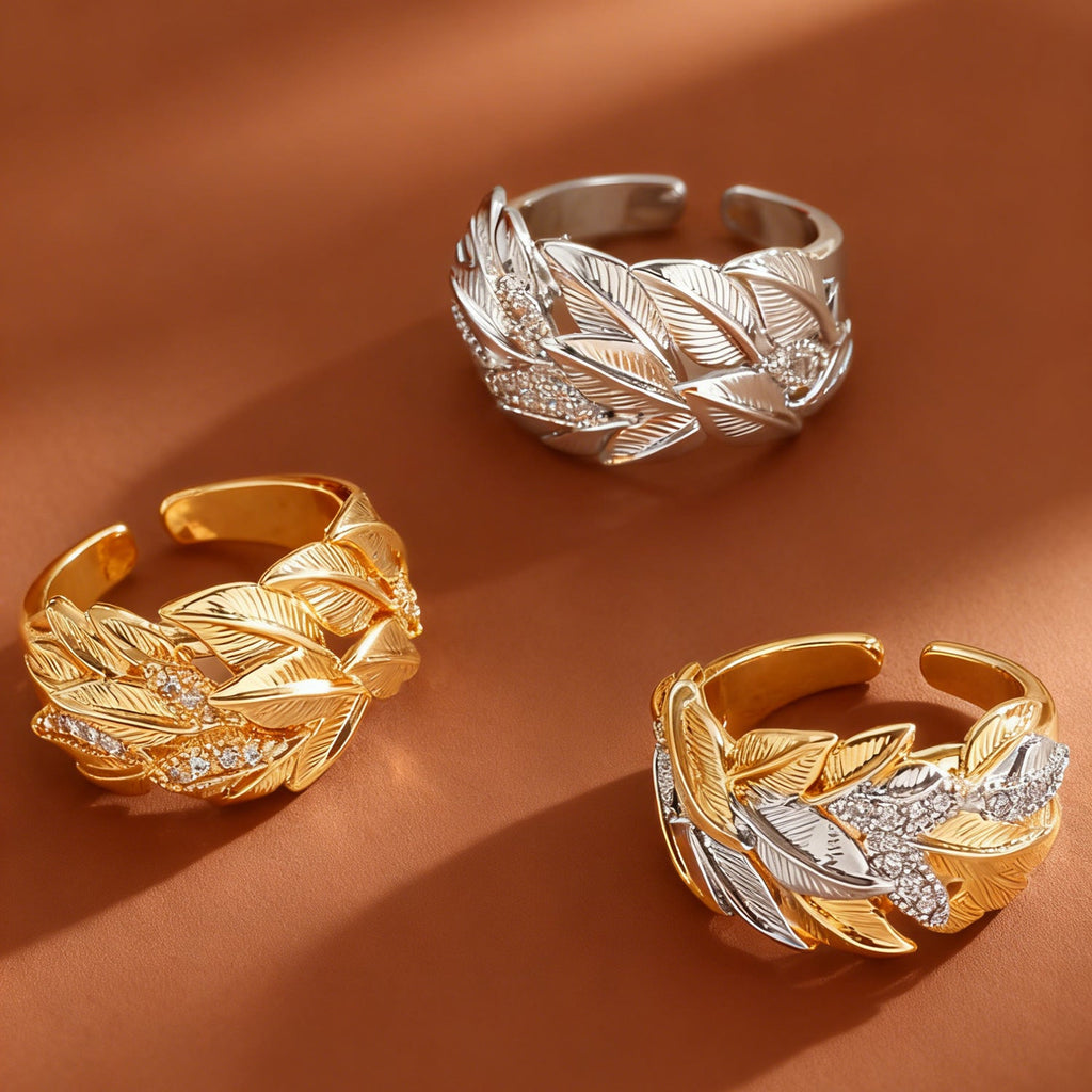 Luxury Leaf Texture Copper Inlaid Zircon Ring Gold Two-Tone Open Ring