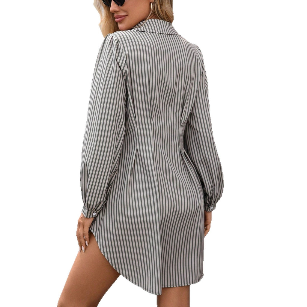 Women's Autumn Striped Casual Temperament Shirt Dress Elegant Waist Long Sleeve Dress