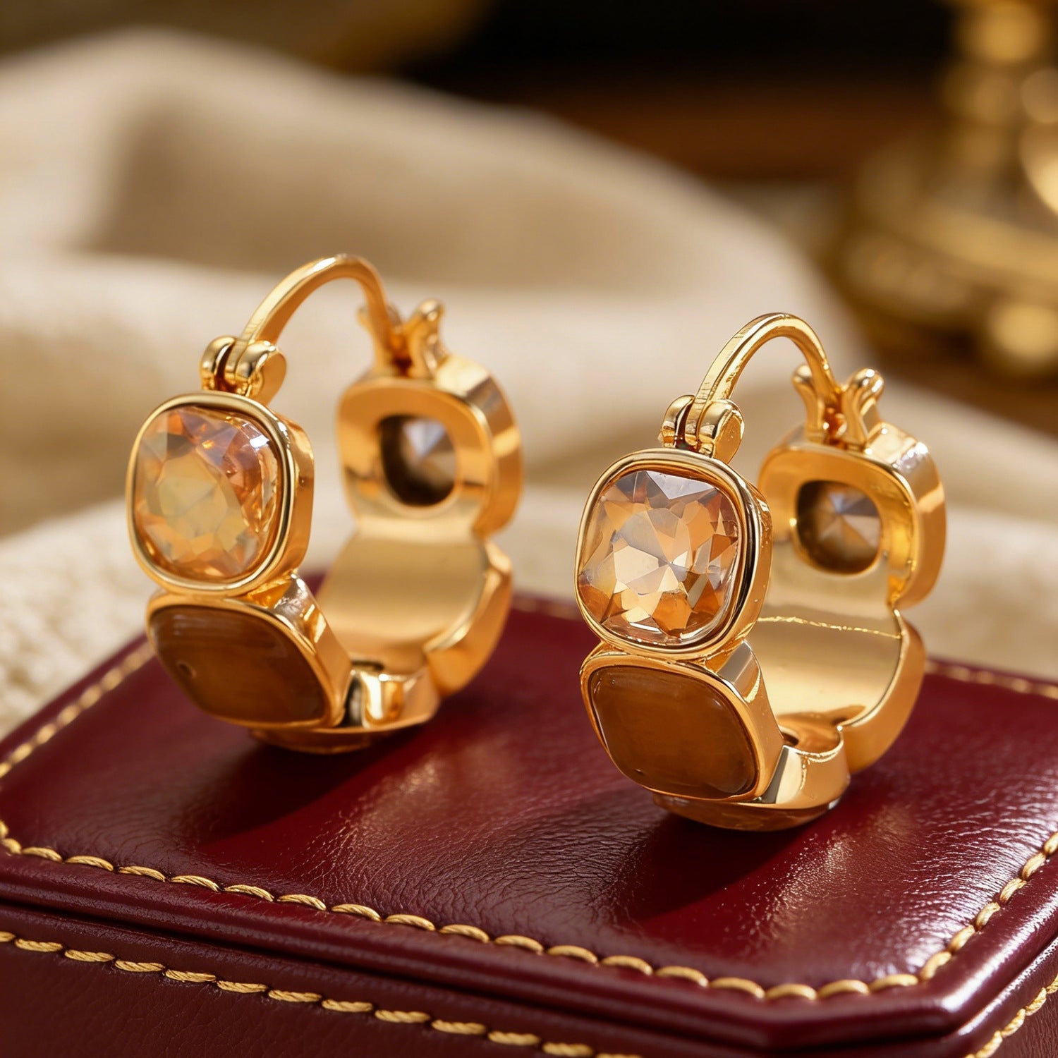 Maillard Geometric Square Coffee Crystal Circle Earrings Women Vintage Office Jewelry
