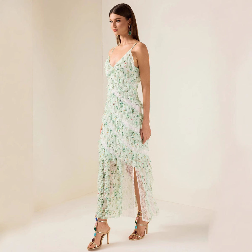 Women's Ruffle Spaghetti Strap Summer Sexy Cover-Up Mesh Long Dress