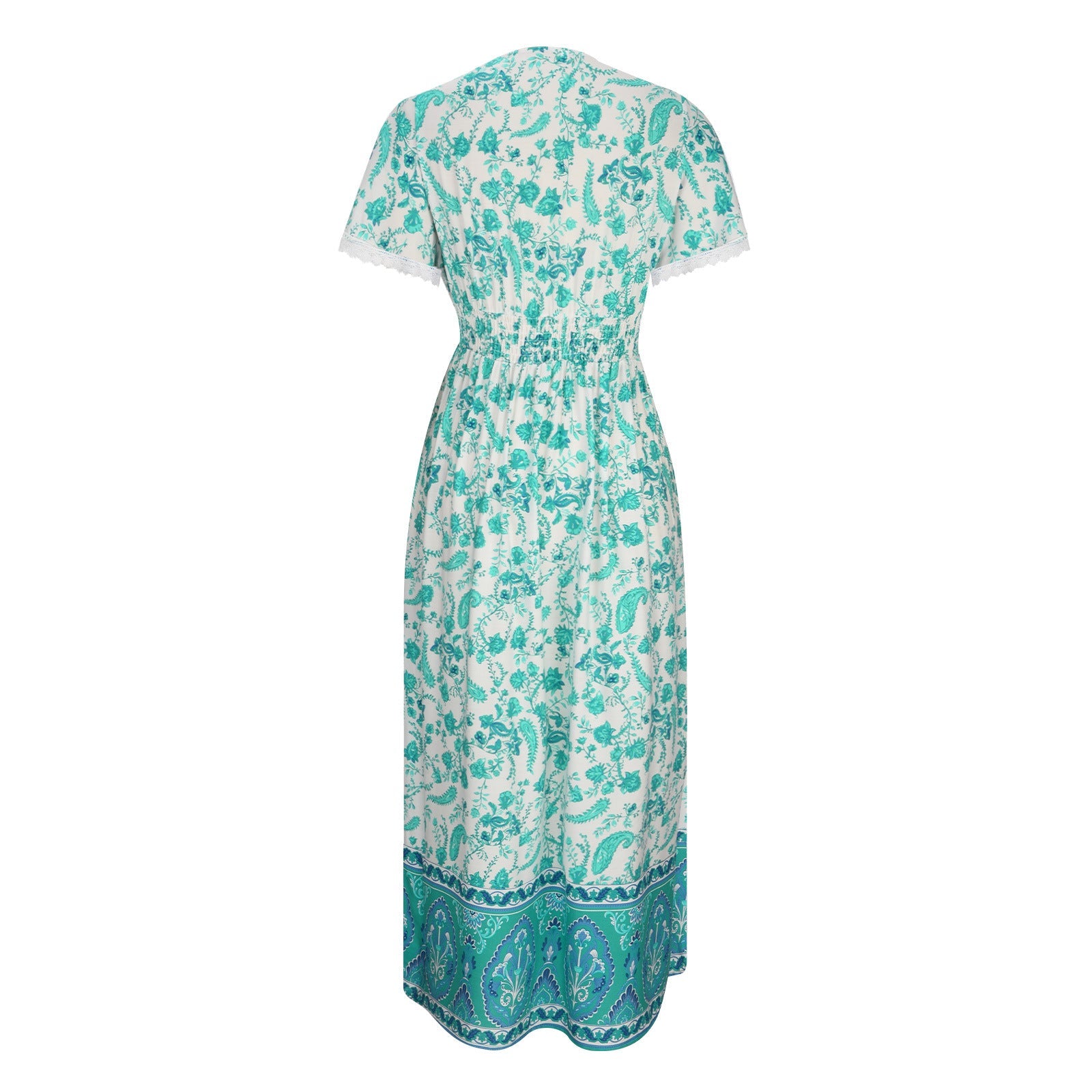 Women's Short Sleeve Lace Trim Tie-Waist Bohemian Dress Vacation Beach Dress Floral