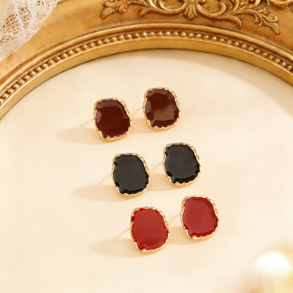 Vintage Irregular Square Red Black Glazed Ring & Earrings Set Women Jewelry
