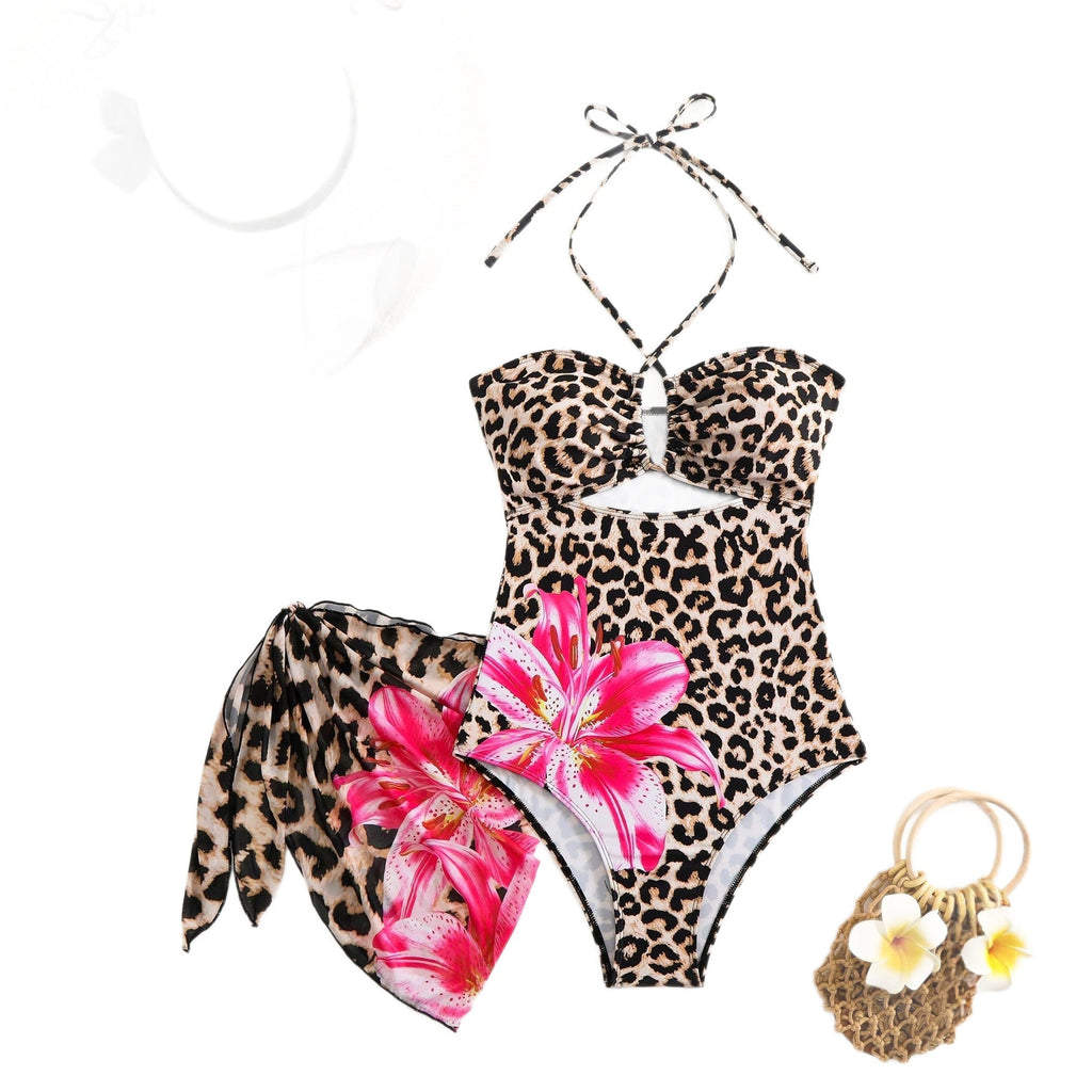 Leopard Print Floral Positioning Print Sexy Backless Women's One-Piece Swimsuit