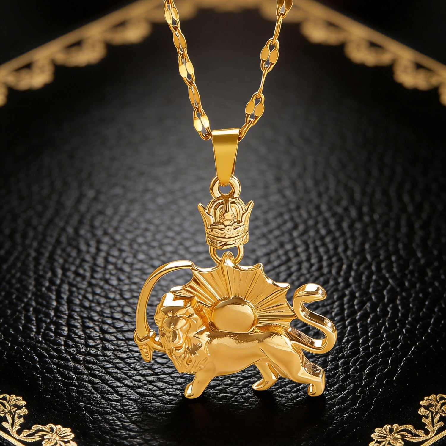 Vintage Crown Lion Sun Pattern Gold Pendant Earrings Necklace Punk Stainless Steel Set