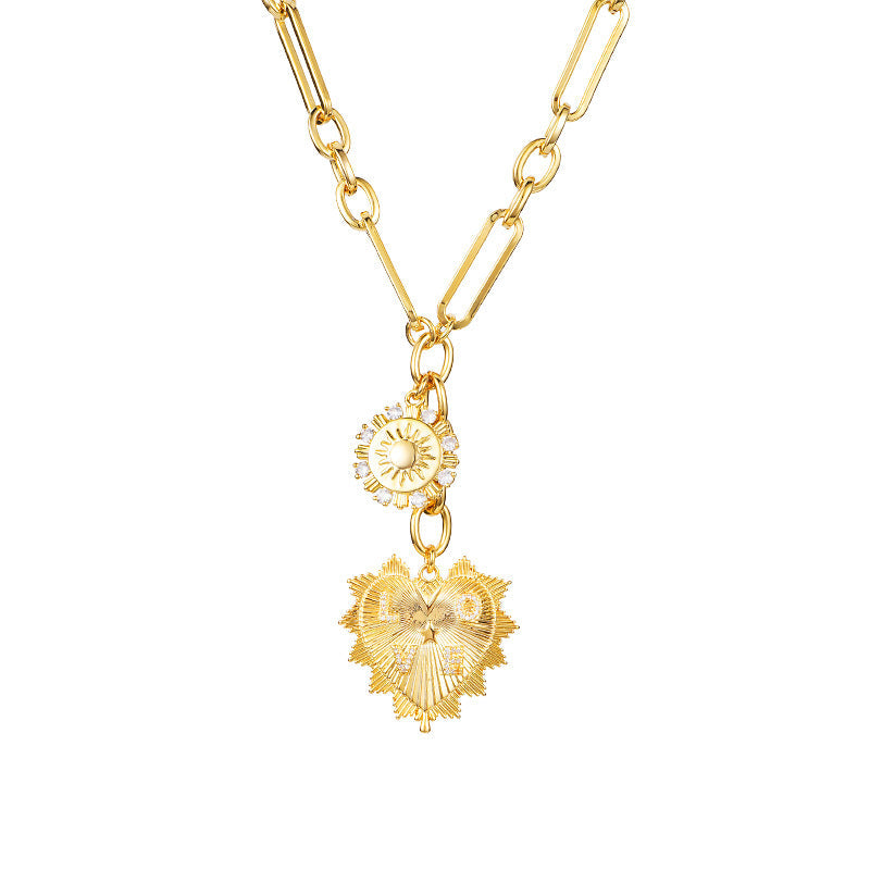 Heart Zircon Cuban Link Necklace - Gold Plated Chunky Paperclip Chain for Women & Men