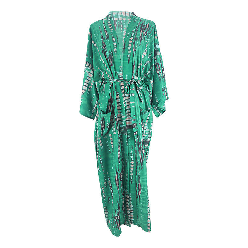 Tie-Front Printed Cardigan Beach Dress ¨C Bikini Cover-Up, Vacation Sun Protection Kimono Dress