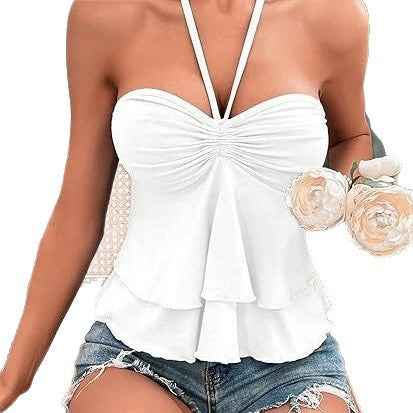 Sexy Lace Up Cross Sling Off-Shoulder Halter Pleated Ruffle Edge Solid Color Tube Top Drawstring Bust Tie Backless Halter Top