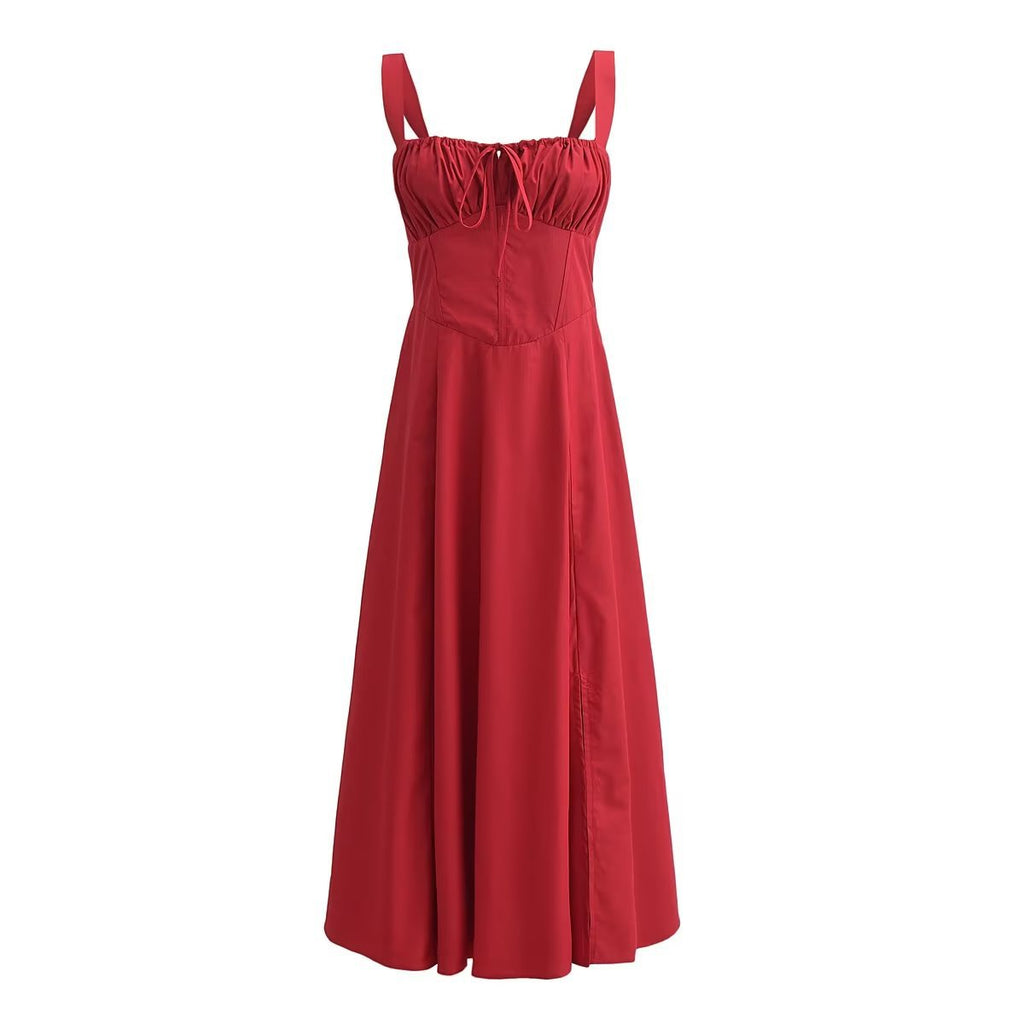 Square Neck Bustier Midi Dress - Low Cut Sleeveless Swing Sundress with Lace Trim & Spaghetti Straps