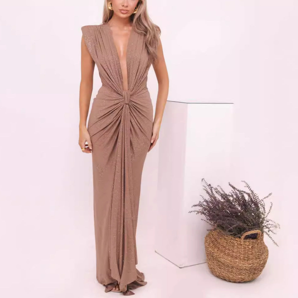 Sexy Women's Sleeveless Super Deep V Slim Waist Pleated Temperament Fishtail Jumpsuit