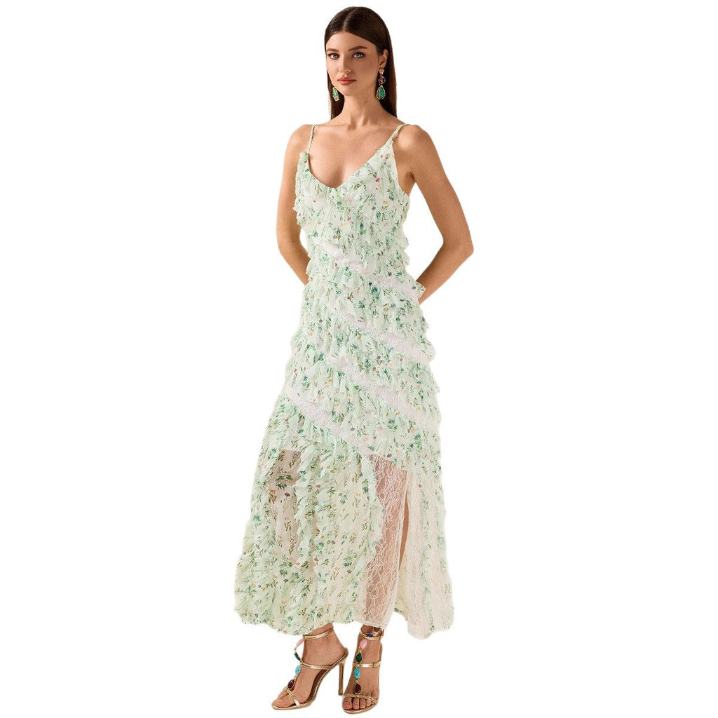 Women's Ruffle Spaghetti Strap Summer Sexy Cover-Up Mesh Long Dress