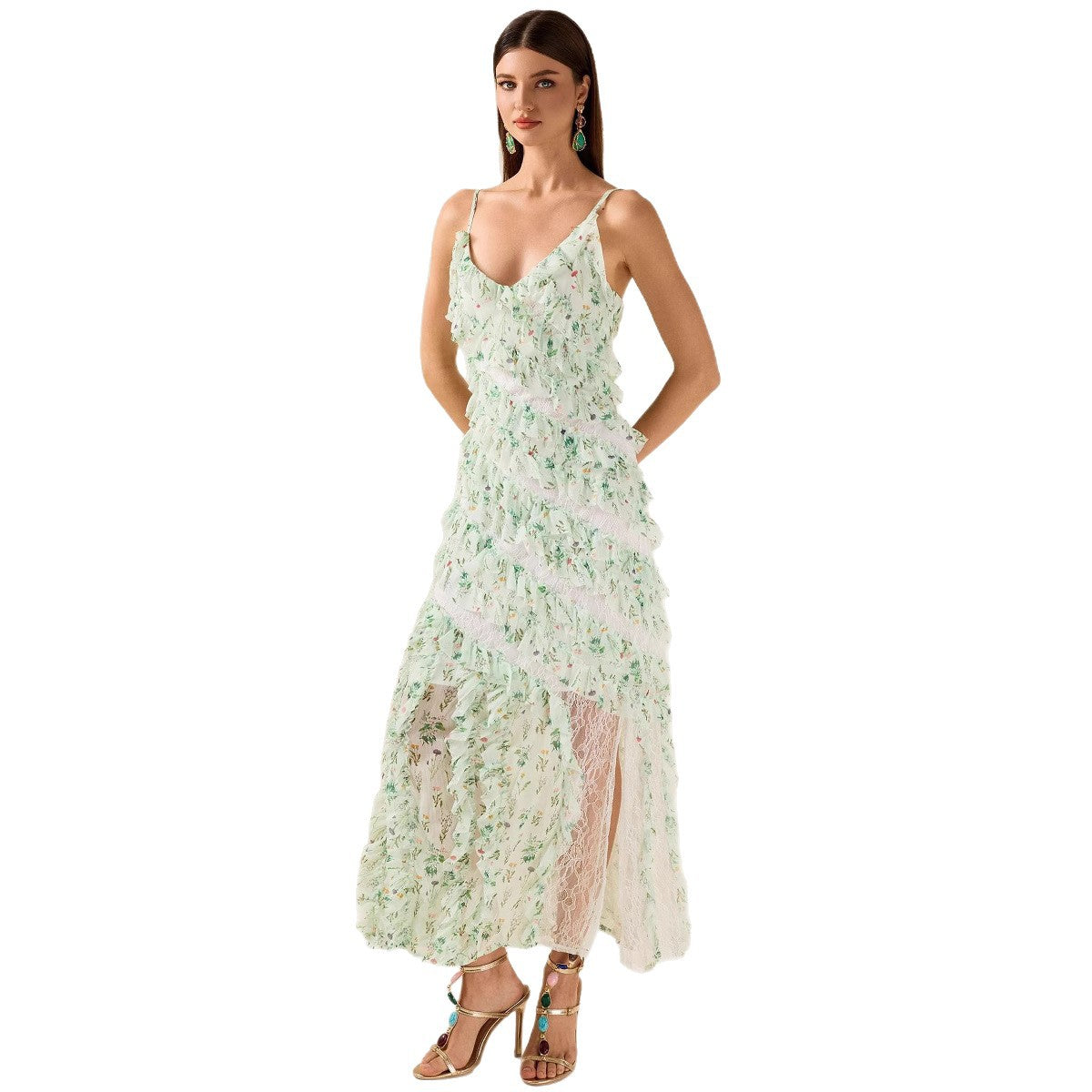 Women's Ruffle Spaghetti Strap Summer Sexy Cover-Up Mesh Long Dress