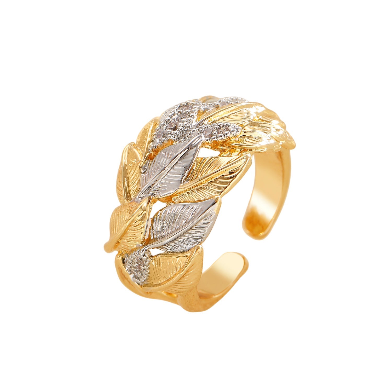 Luxury Leaf Texture Copper Inlaid Zircon Ring Gold Two-Tone Open Ring