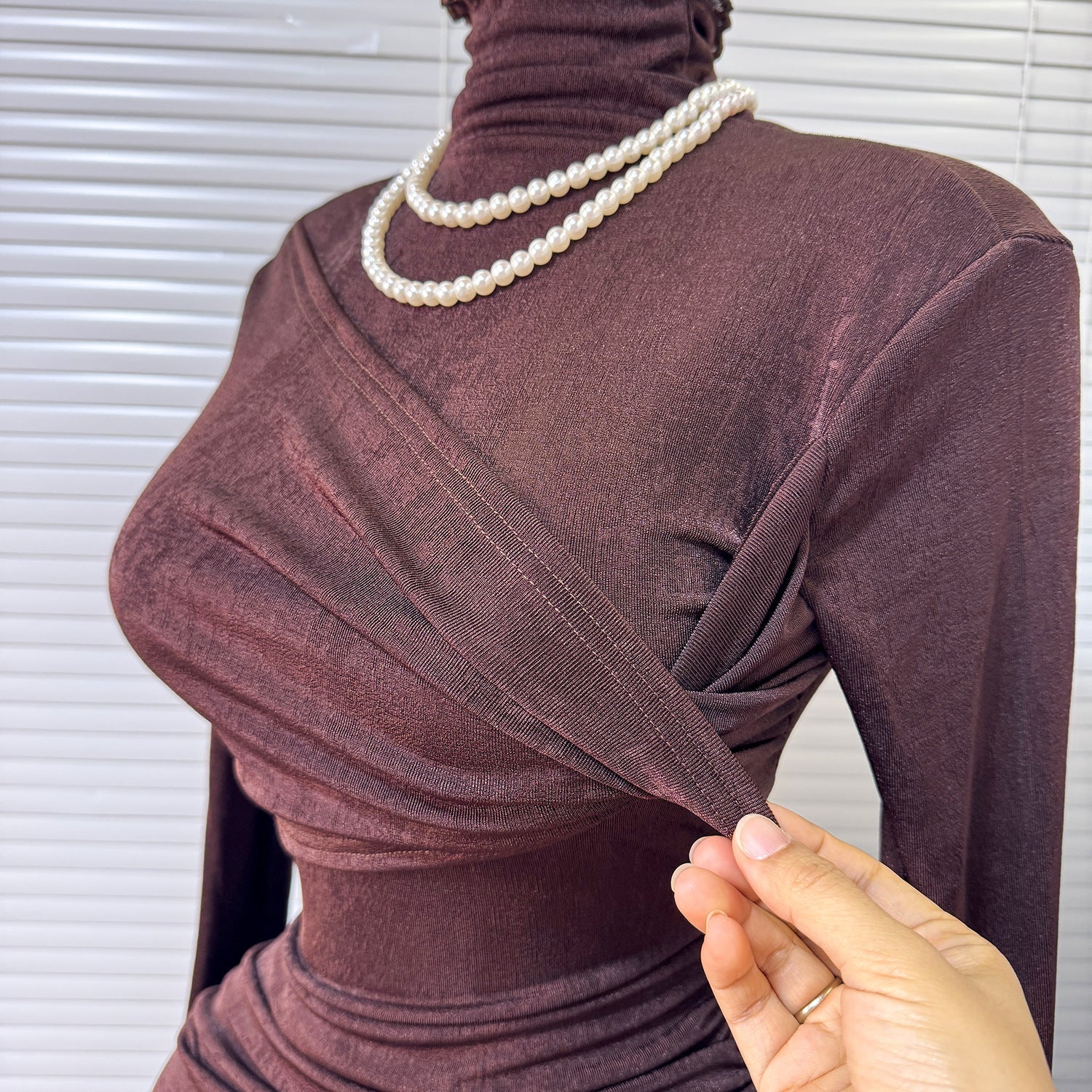 Spring Evening Gown – Elegant High-Neck Bodycon Long Sleeve Dress, Formal Cocktail Midi
