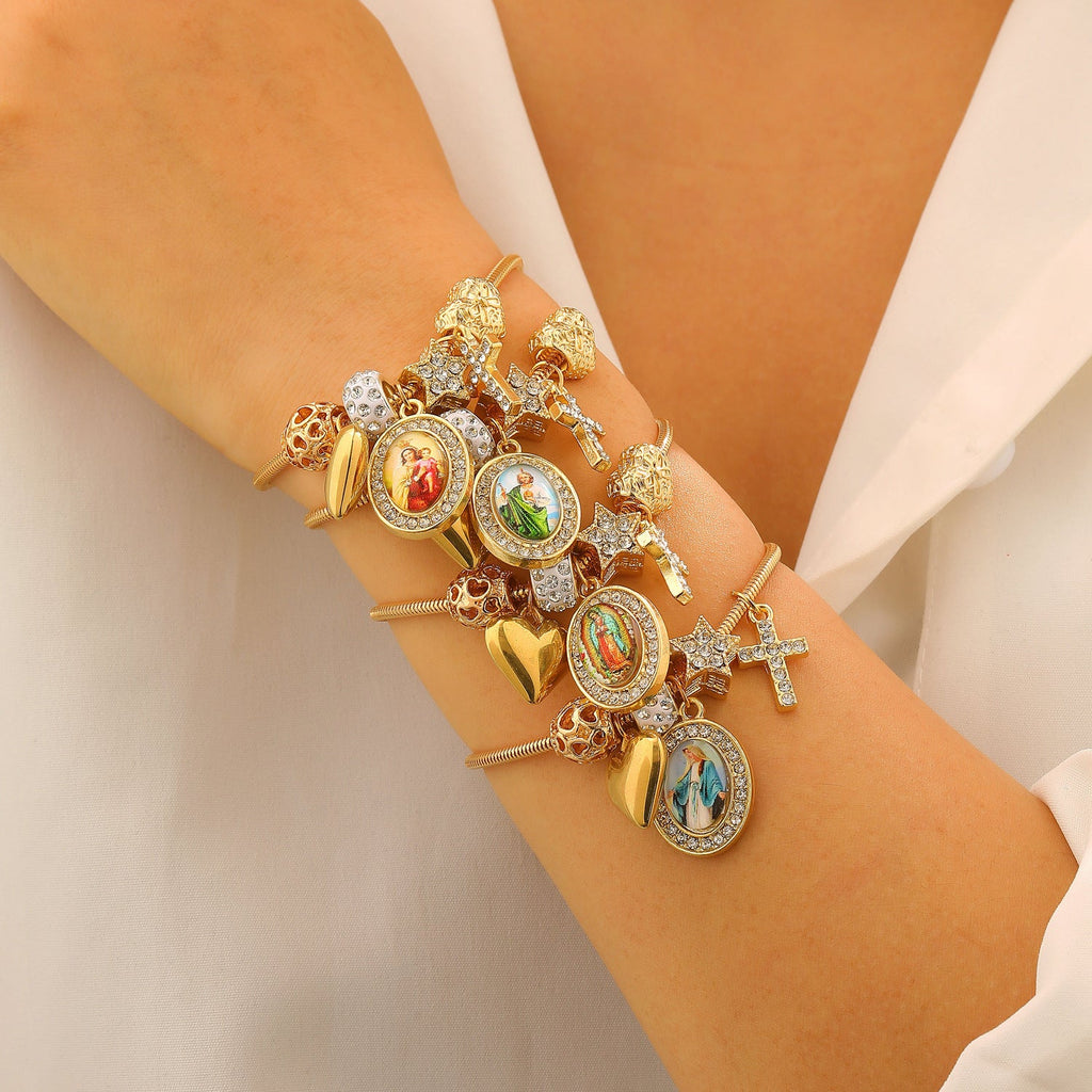 DIY Beaded Bracelet Multi-Element Copper Alloy Rhinestone Heart Cross Bracelet