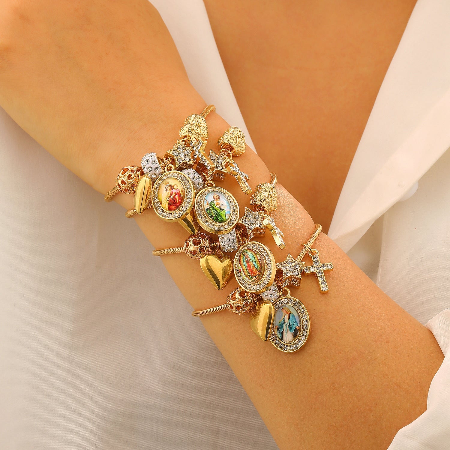 DIY Beaded Bracelet Multi-Element Copper Alloy Rhinestone Heart Cross Bracelet