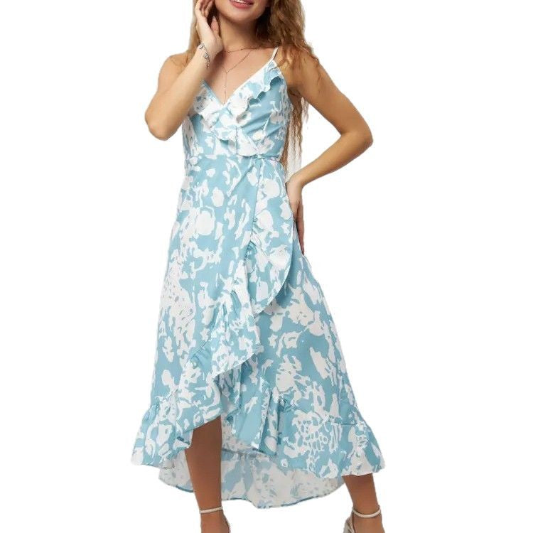 Sexy Floral Print Suspender Skirt Dress - Women's V-Neck Ruffled Reformation