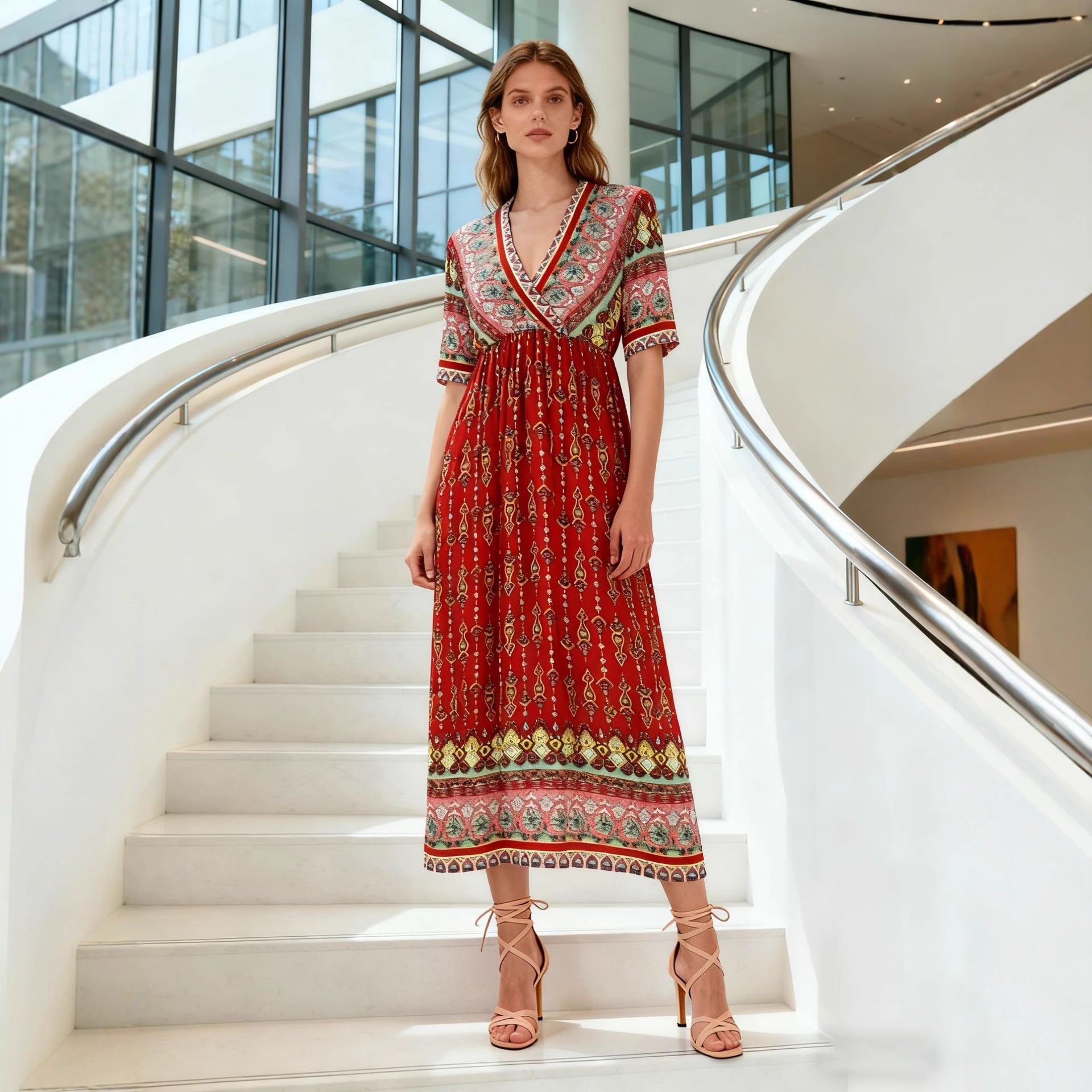 Women's Bohemian Printed Dress Short Sleeve Beach Vacation Maxi Dress Vintage