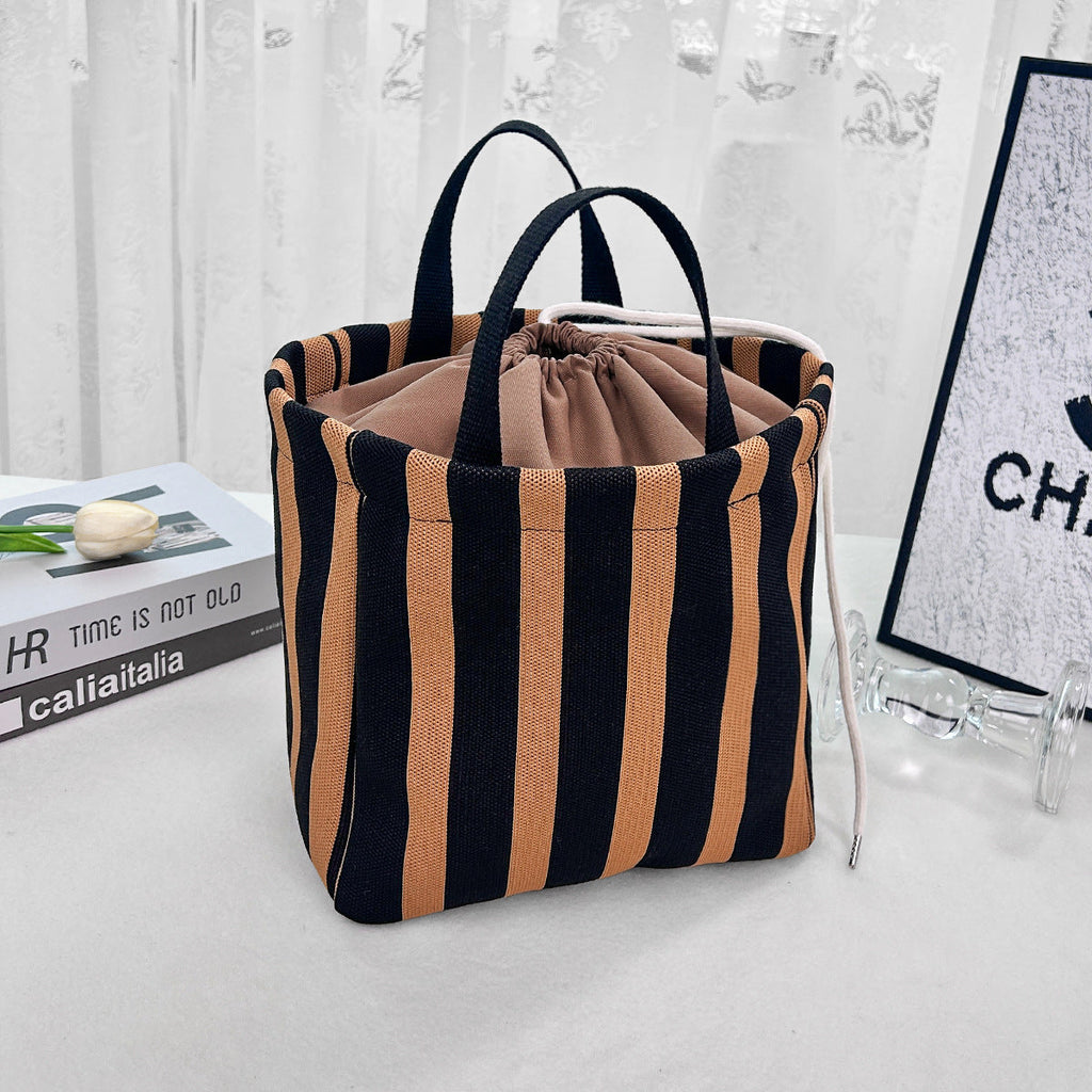 Drawstring Striped Knit Tote – Custom Fashion Large Travel Bag, Premium Camping Shoulder Purse