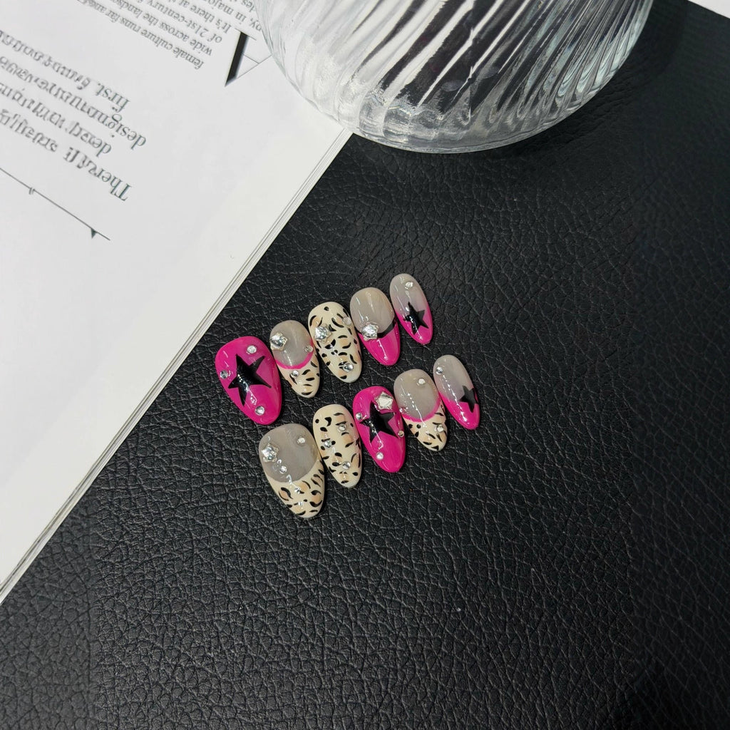 French Leopard Hand Painted Short Almond Charge Press on Nails Wholesale