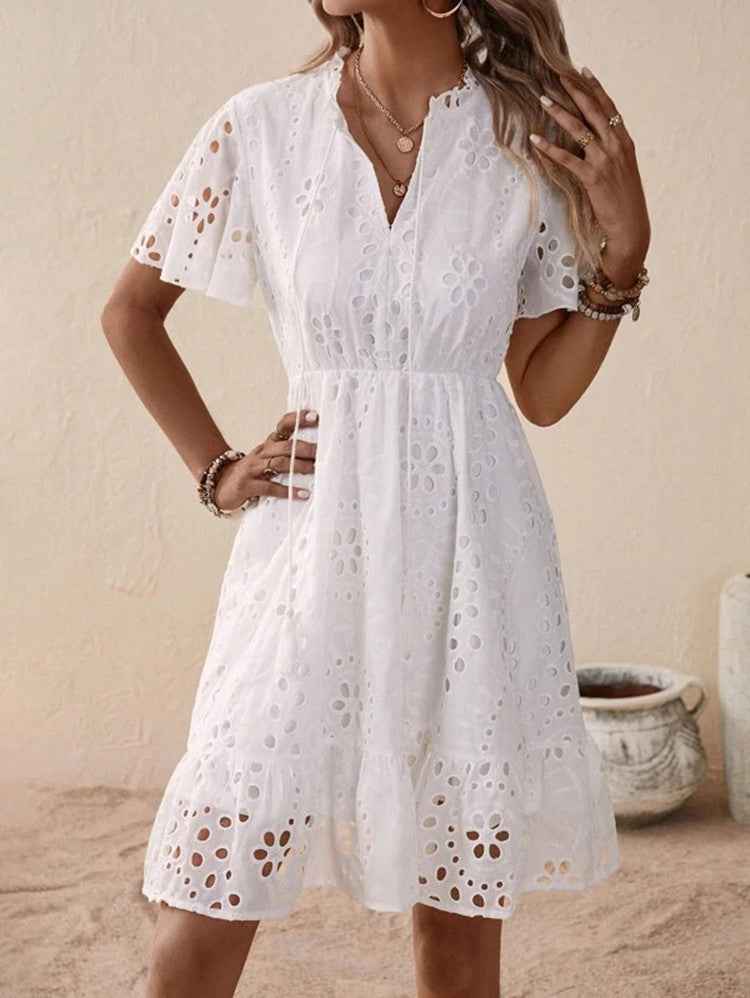 White Embroidered Lace V-Neck Dress with Bubble Sleeves