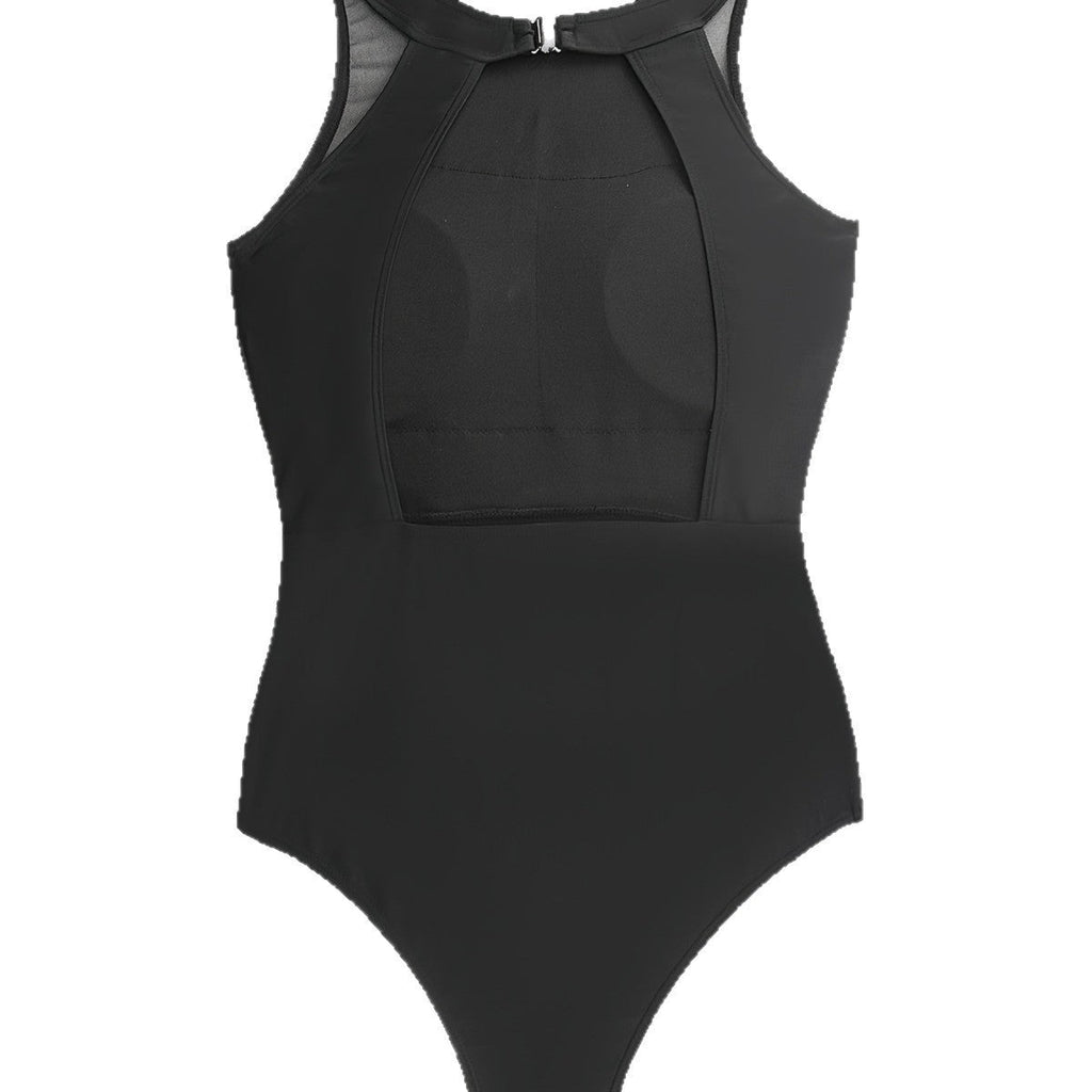 Women's Black Mesh Triangle Backless One-Piece Swimsuit