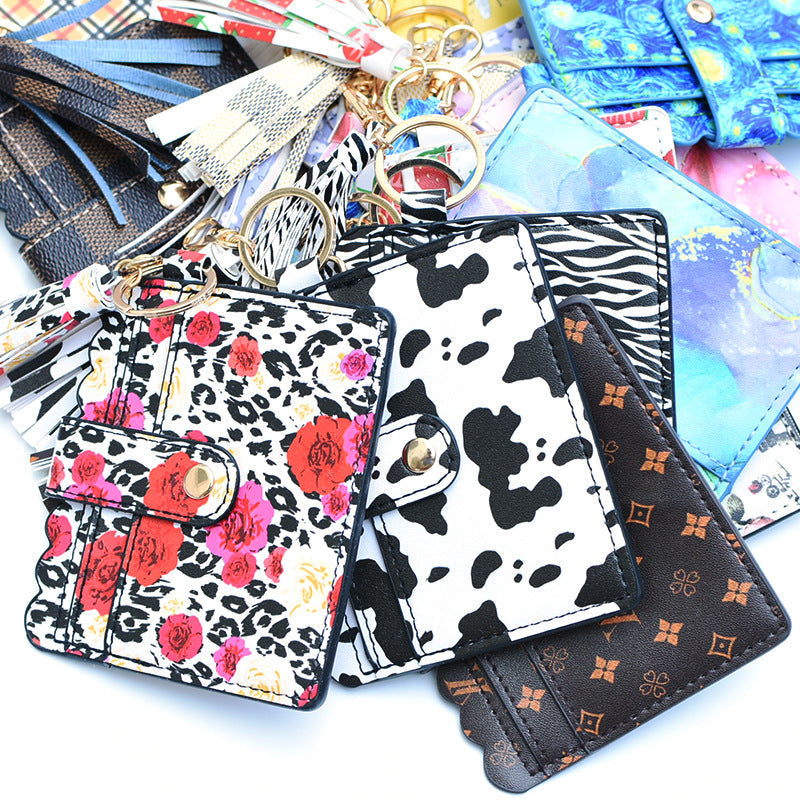 Personalized PU leather printed leopard print women's change bag multi-card ID bag fringed pendant