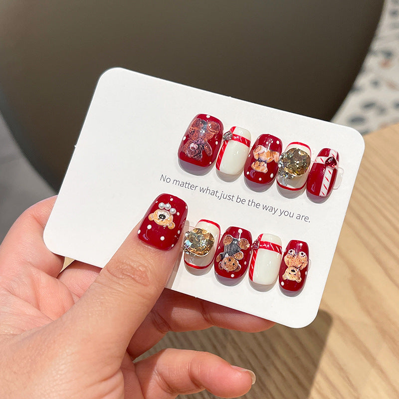 New Year's red Christmas handmade armor cartoon bear cute wearing armor pure handmade autumn and winter nail patch