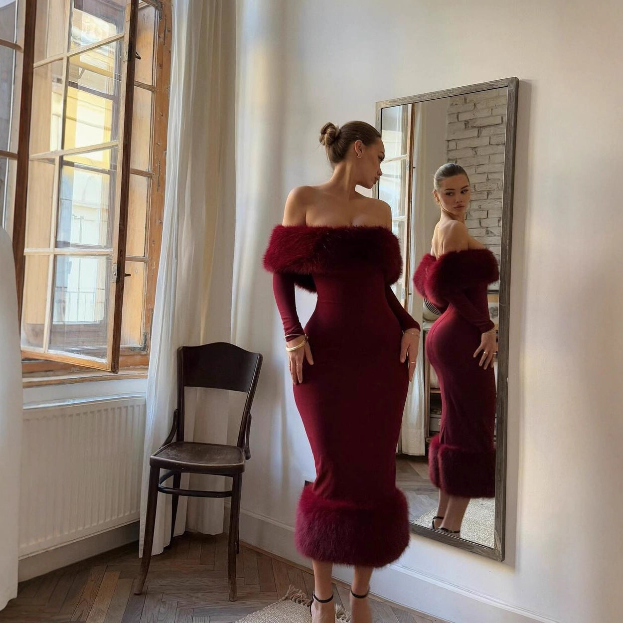 women's clothing autumn and winter fashion fur collar one-word collar long-sleeved temperament slim evening dress