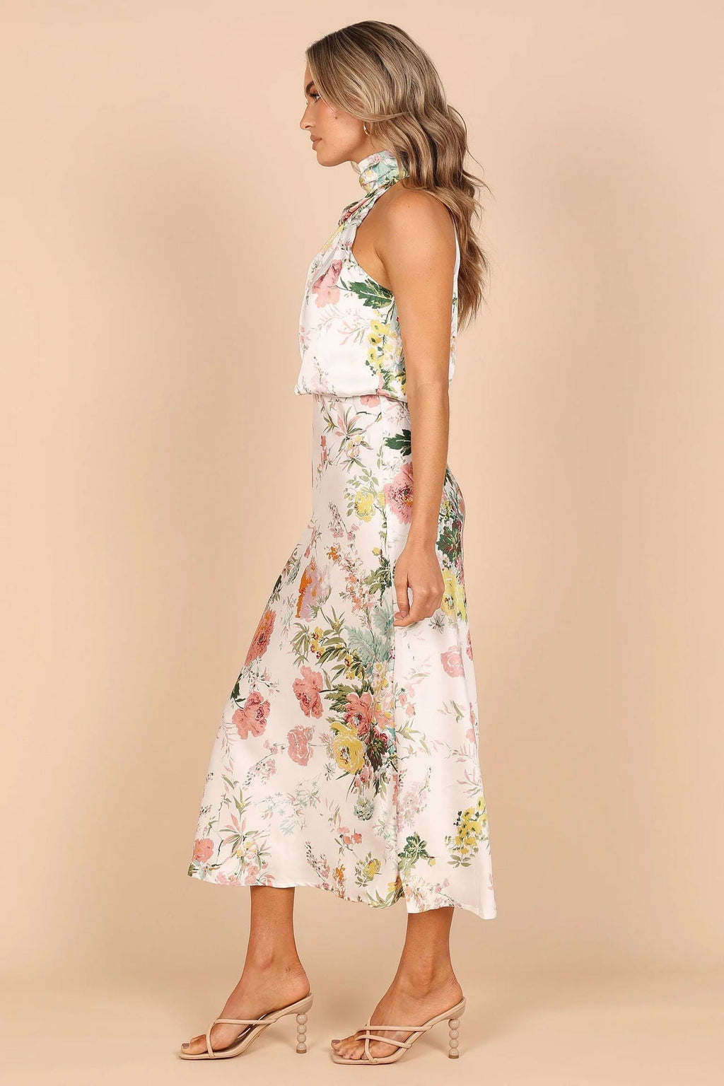 Women's Summer Sundress - Sexy Halter Sleeveless Satin Dress with Elastic Waist & Ruffle Trim
